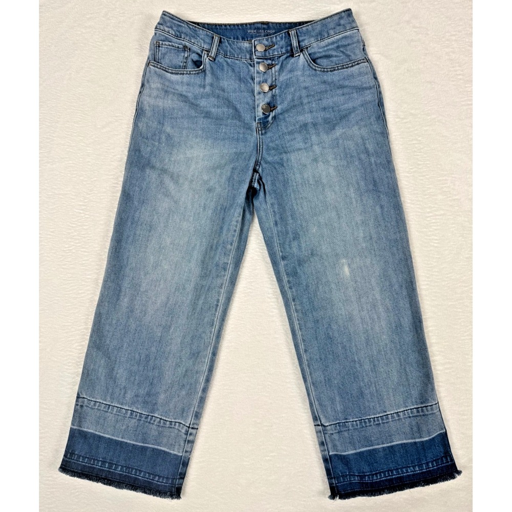 Chicos Wide Leg Crop Jeans Womens 6 Blue Med Wash High Rise Button Fly Raw Hem